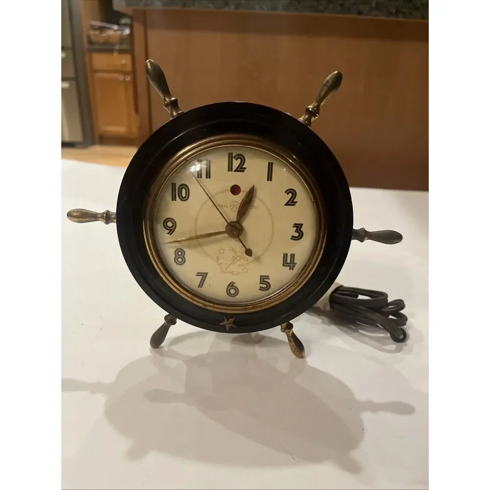 Vintage General Electric Tabletop Clock Brass Ship Wheel Clock Model #3H98 WORKS